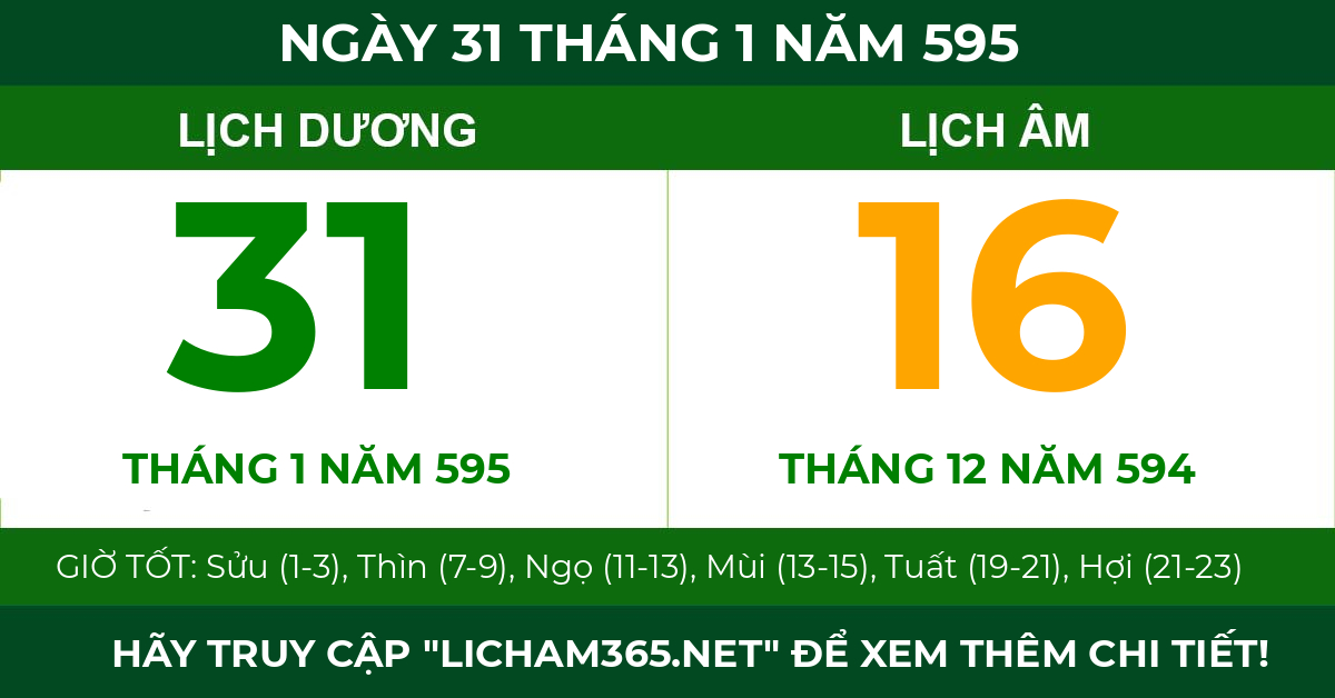 lịch âm ngày 31 tháng 1 năm 595