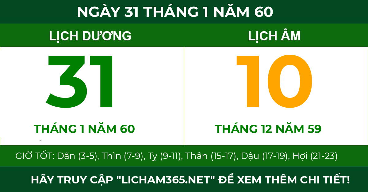 lịch âm ngày 31 tháng 1 năm 60