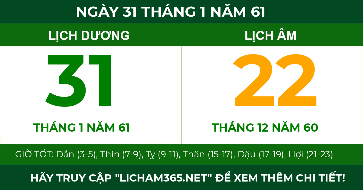 lịch âm ngày 31 tháng 1 năm 61