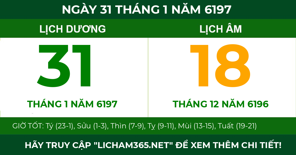 lịch âm ngày 31 tháng 1 năm 6197