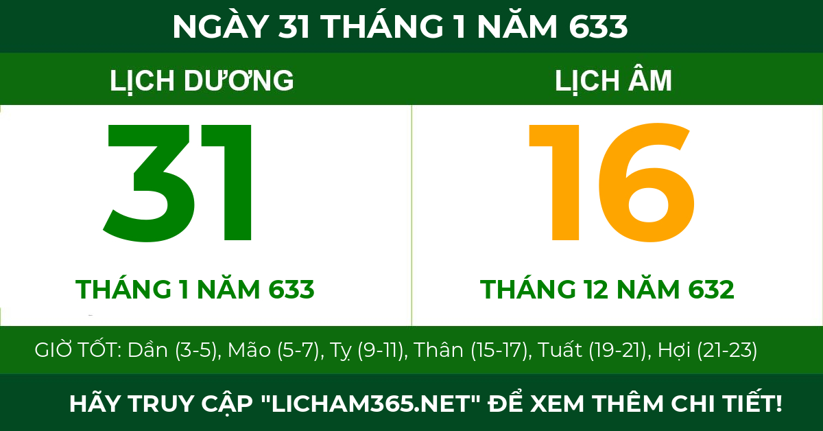 lịch âm ngày 31 tháng 1 năm 633