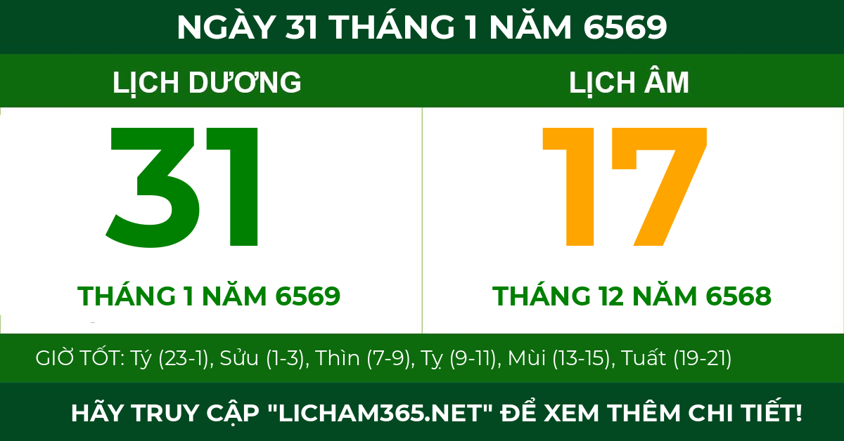 lịch âm ngày 31 tháng 1 năm 6569