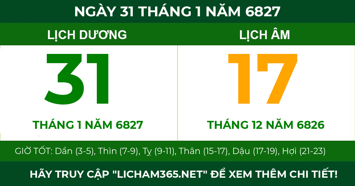lịch âm ngày 31 tháng 1 năm 6827