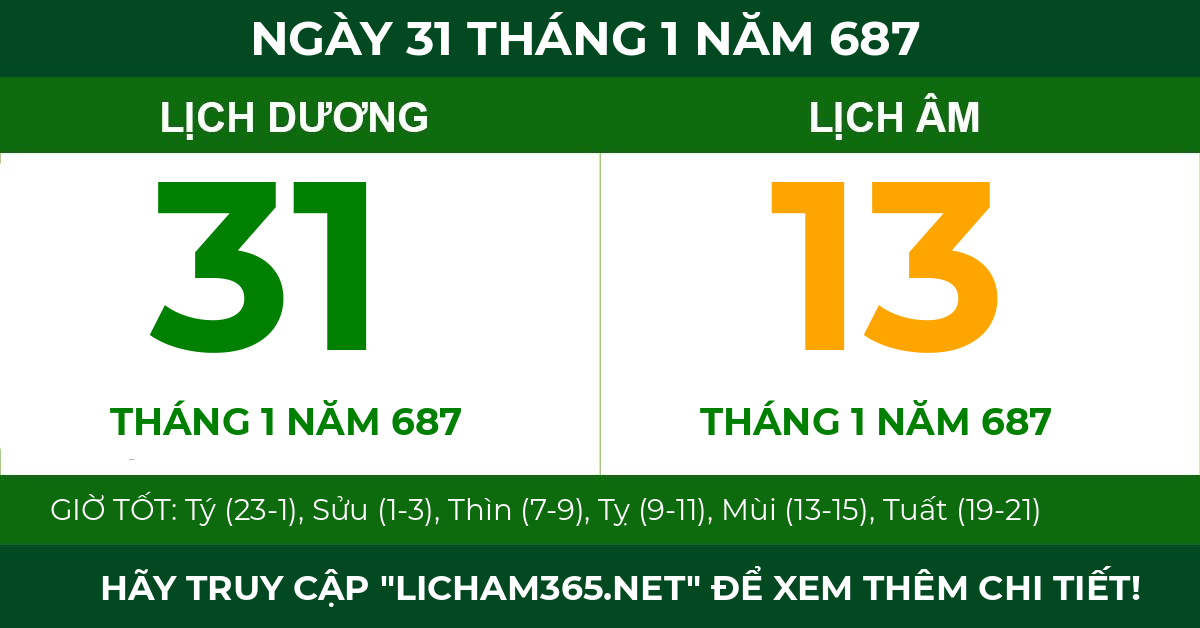 lịch âm ngày 31 tháng 1 năm 687