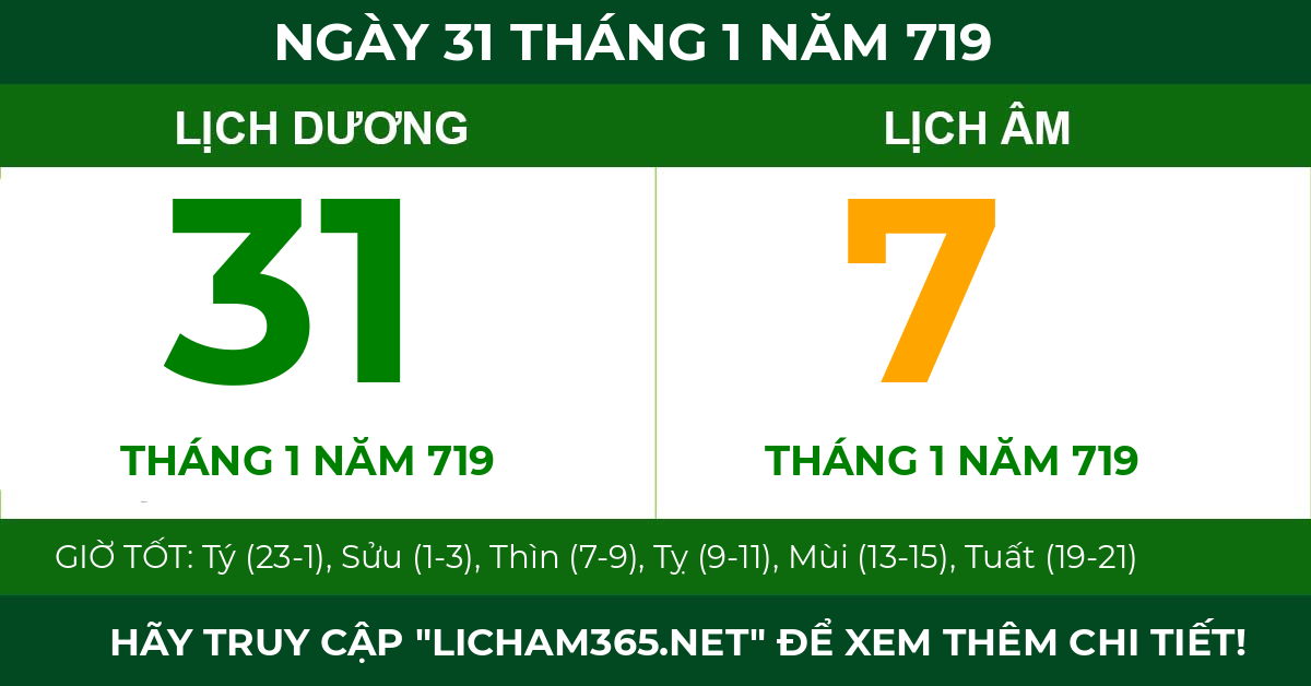 lịch âm ngày 31 tháng 1 năm 719
