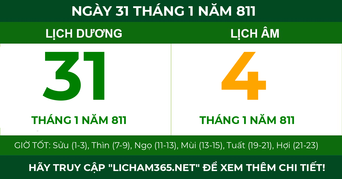 lịch âm ngày 31 tháng 1 năm 811