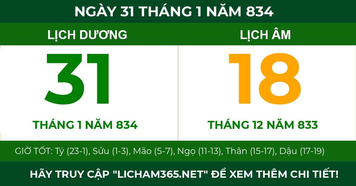 lịch âm ngày 31 tháng 1 năm 834