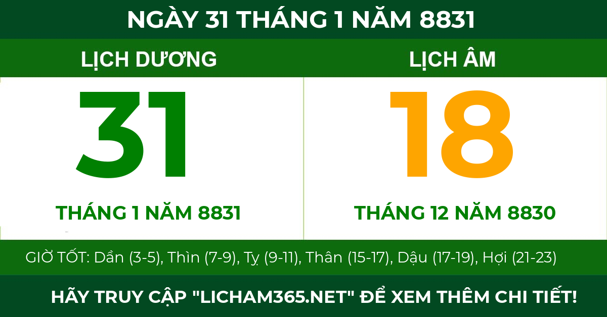 lịch âm ngày 31 tháng 1 năm 8831