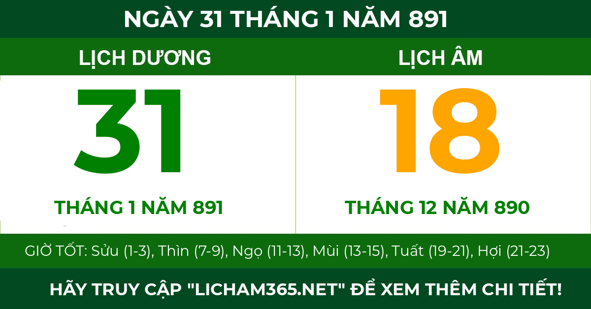 lịch âm ngày 31 tháng 1 năm 891