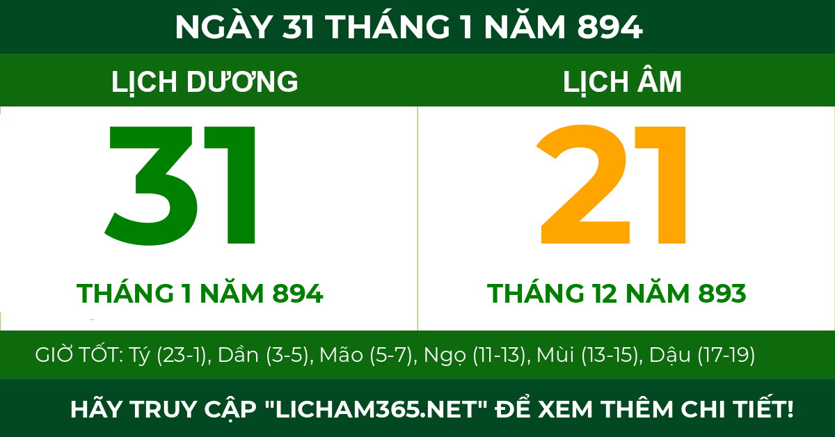 lịch âm ngày 31 tháng 1 năm 894