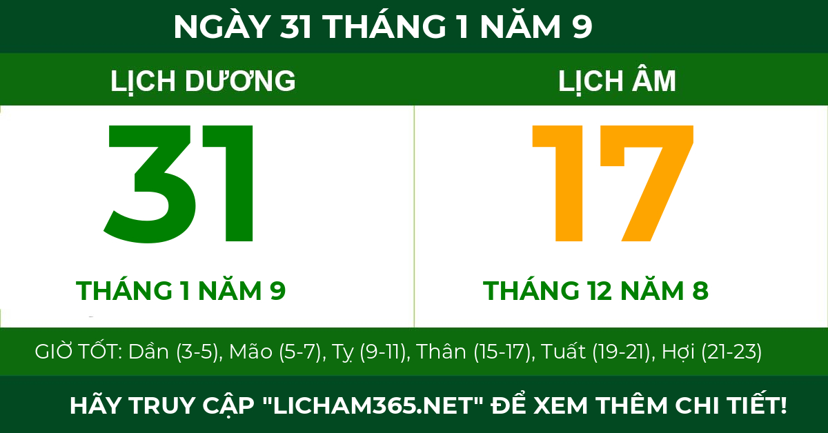 lịch âm ngày 31 tháng 1 năm 9