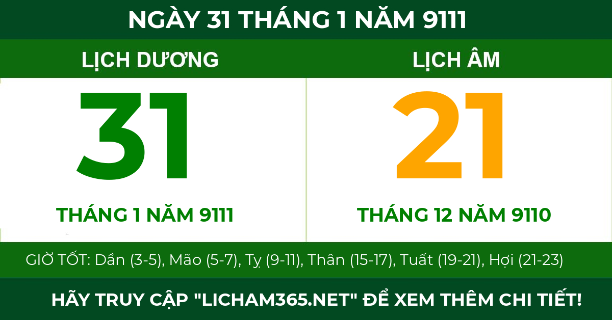 lịch âm ngày 31 tháng 1 năm 9111