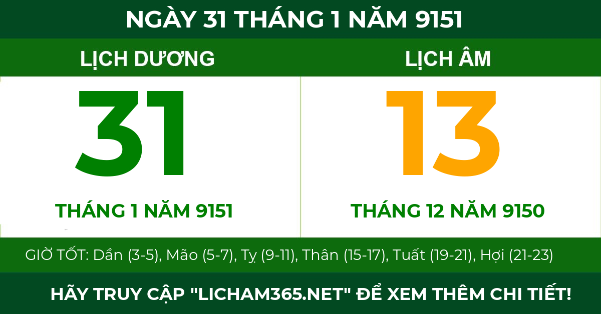 lịch âm ngày 31 tháng 1 năm 9151