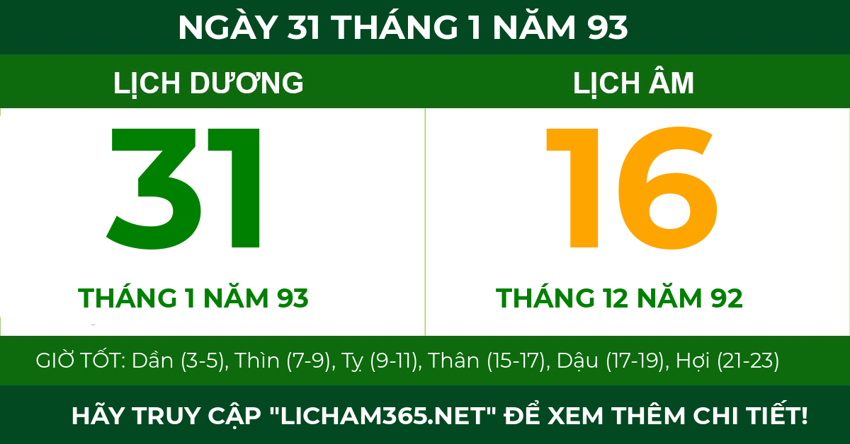 lịch âm ngày 31 tháng 1 năm 93
