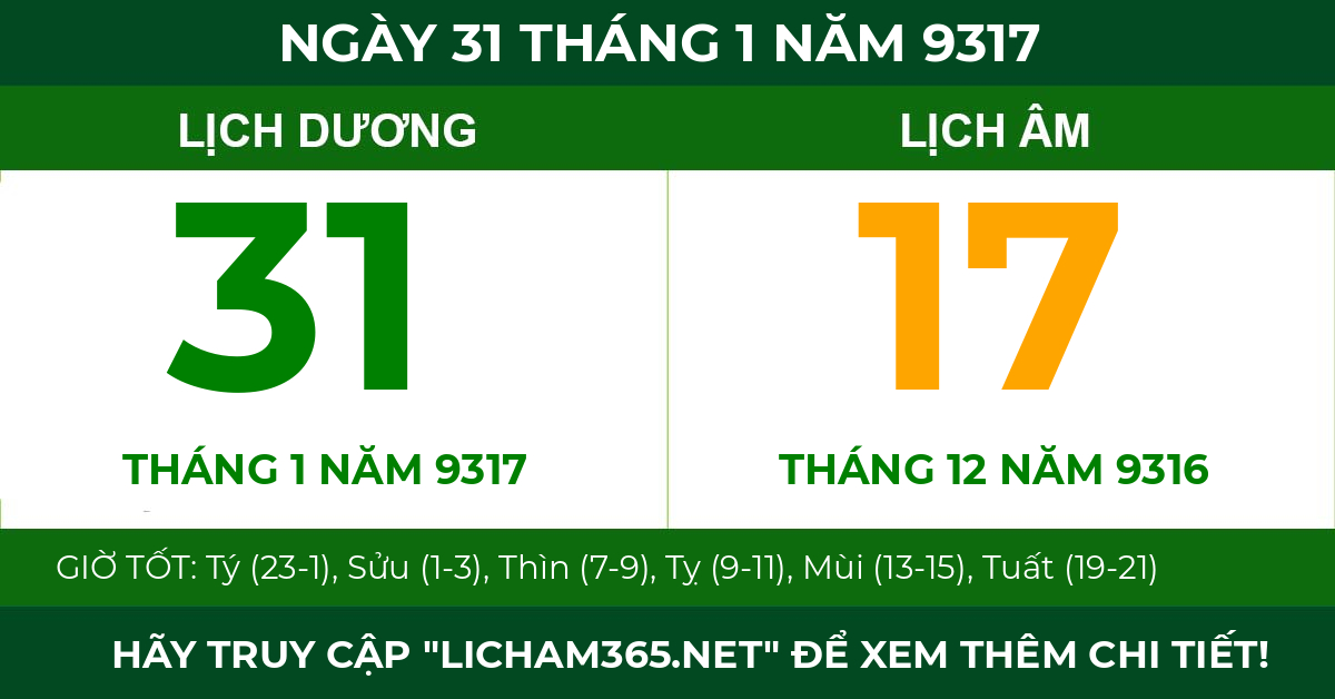 lịch âm ngày 31 tháng 1 năm 9317