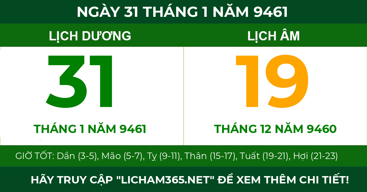 lịch âm ngày 31 tháng 1 năm 9461