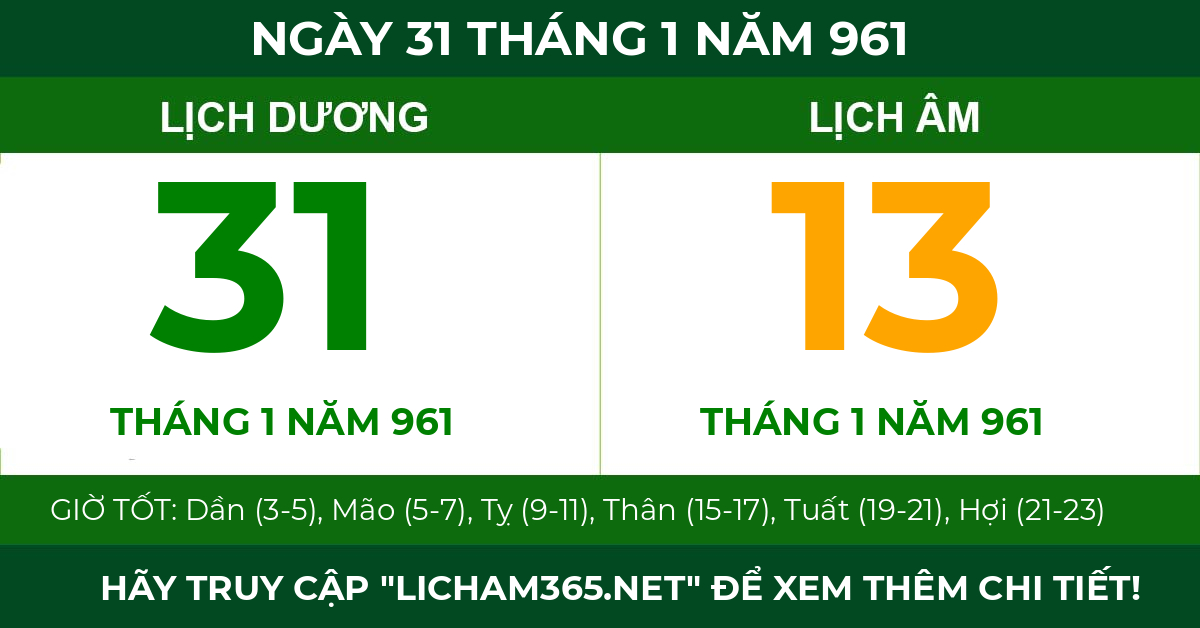 lịch âm ngày 31 tháng 1 năm 961