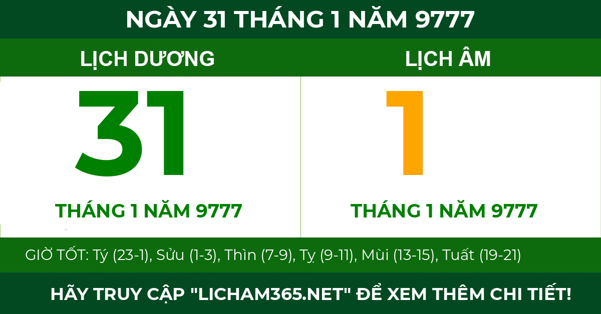 lịch âm ngày 31 tháng 1 năm 9777