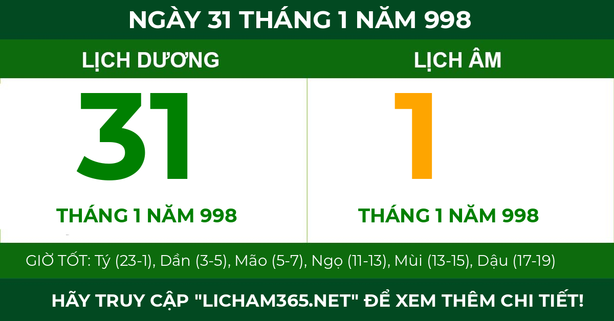 lịch âm ngày 31 tháng 1 năm 998