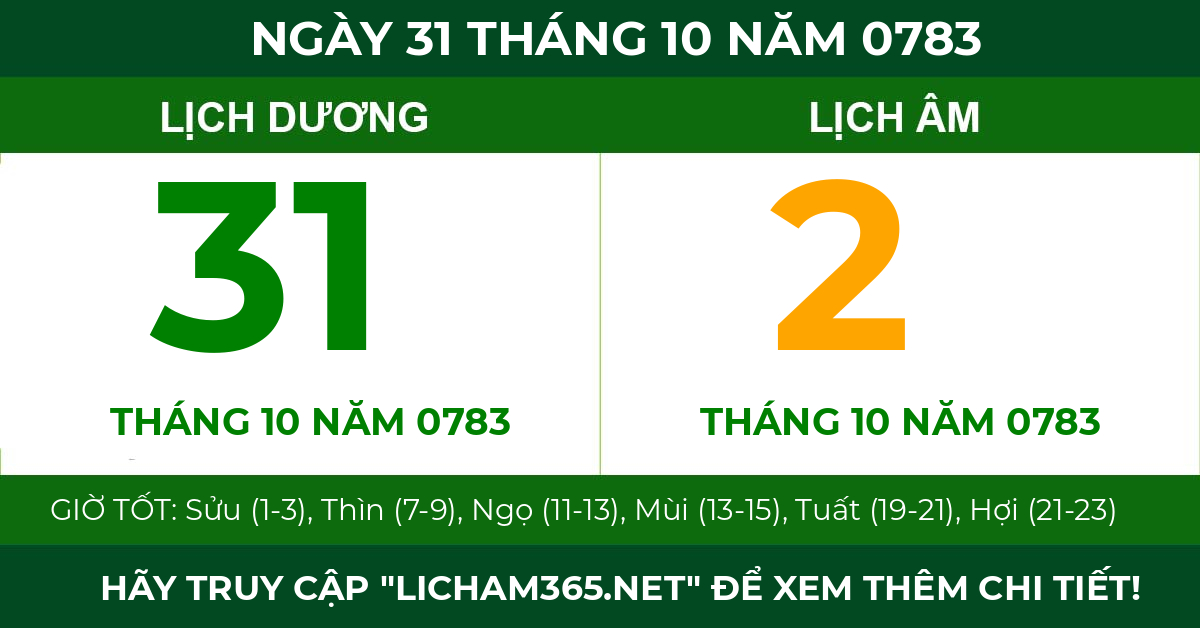 lịch âm ngày 31 tháng 10 năm 0783