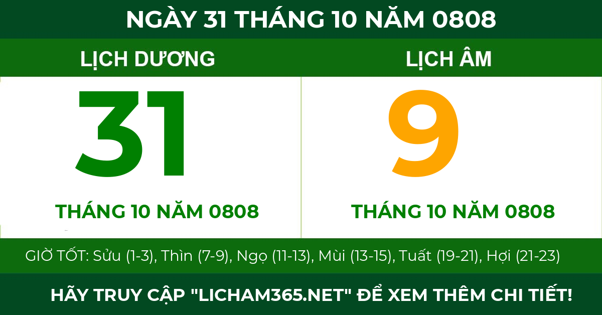 lịch âm ngày 31 tháng 10 năm 0808