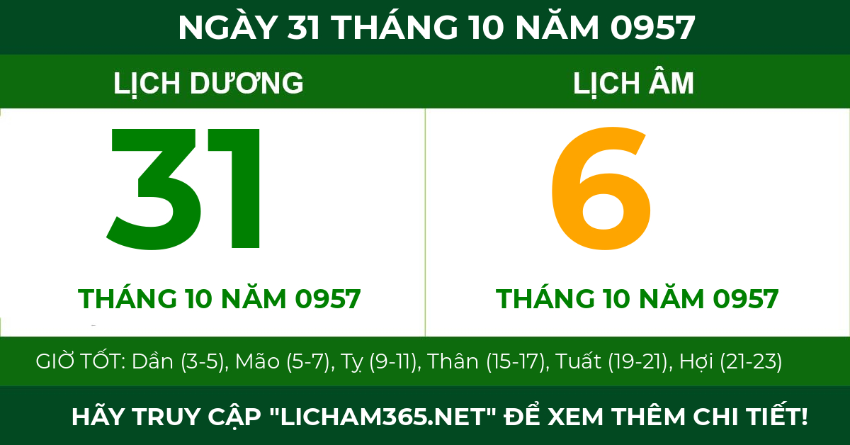 lịch âm ngày 31 tháng 10 năm 0957