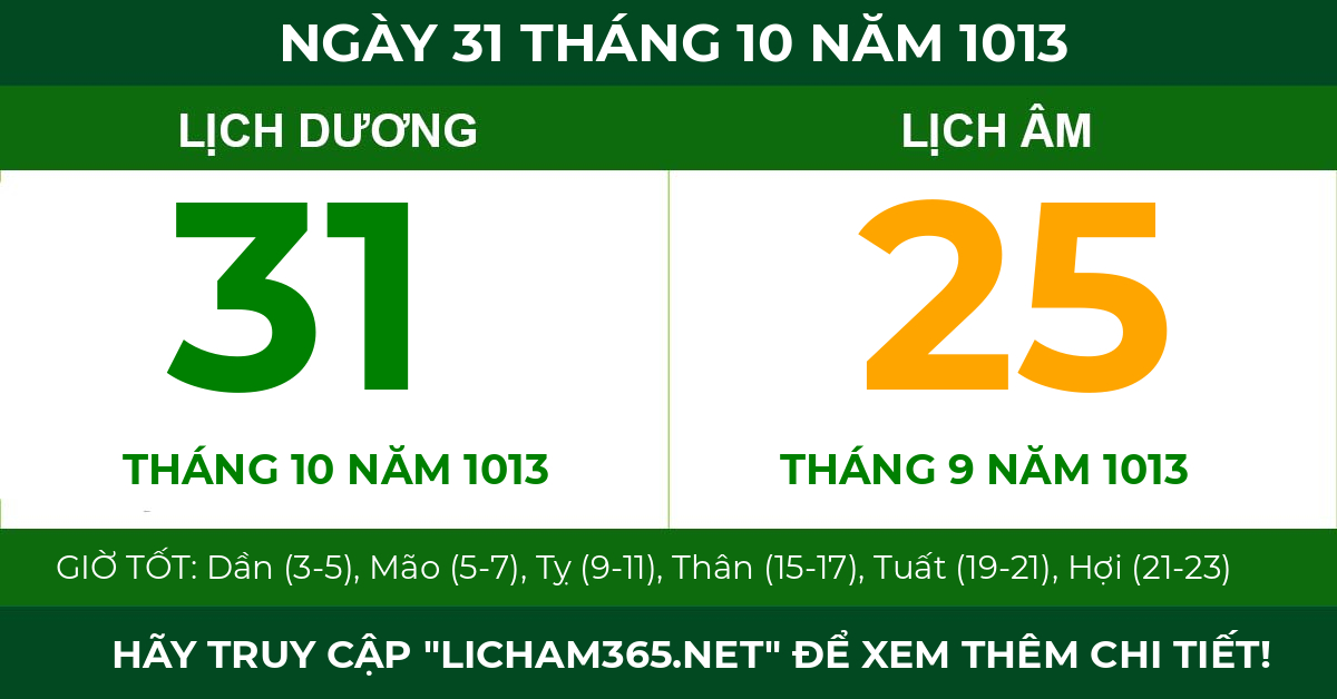 lịch âm ngày 31 tháng 10 năm 1013
