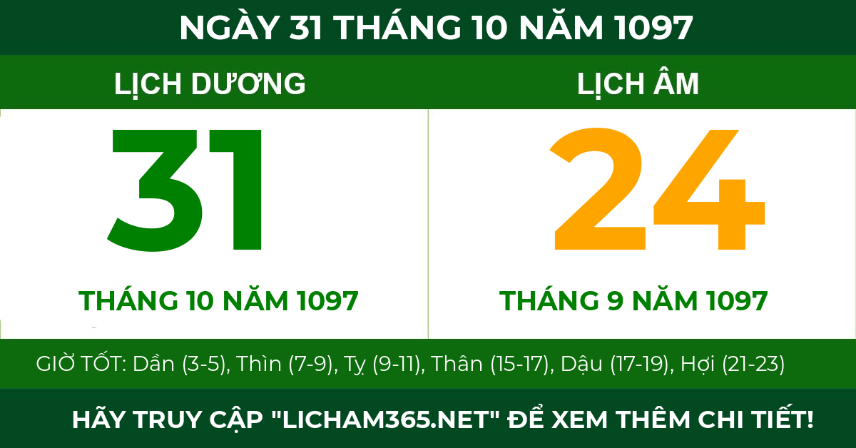 lịch âm ngày 31 tháng 10 năm 1097