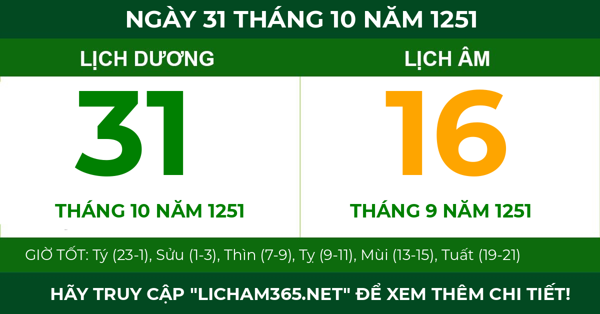 lịch âm ngày 31 tháng 10 năm 1251