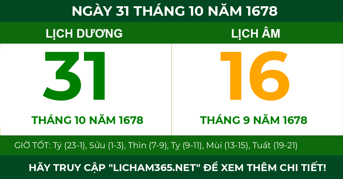 lịch âm ngày 31 tháng 10 năm 1678