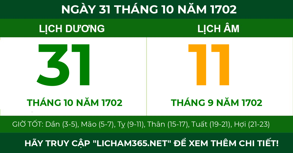 lịch âm ngày 31 tháng 10 năm 1702