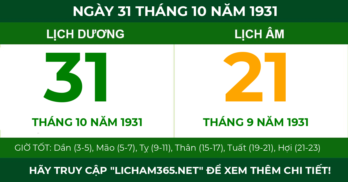 lịch âm ngày 31 tháng 10 năm 1931