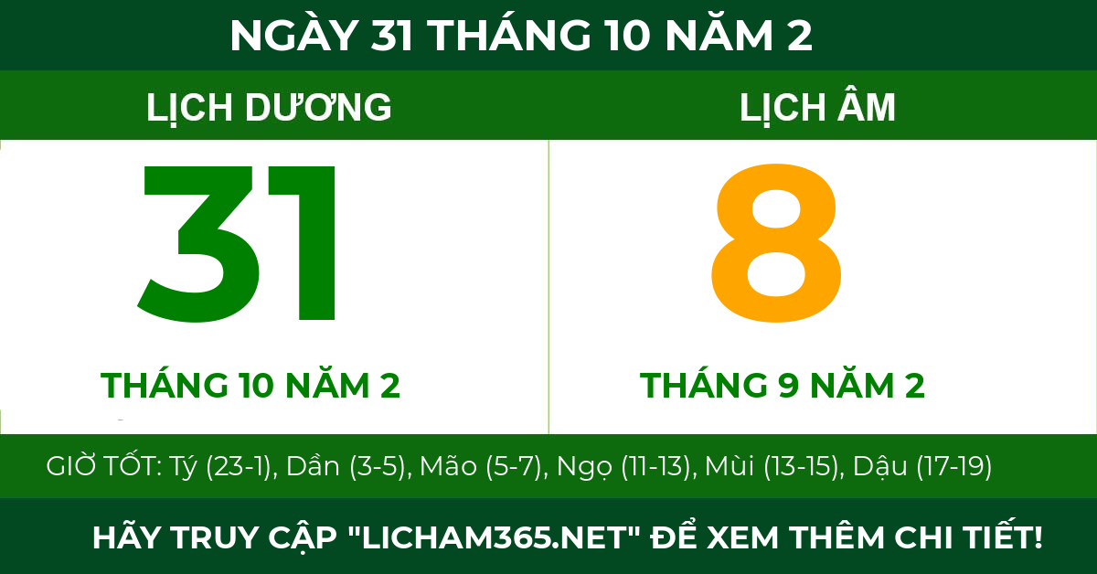 lịch âm ngày 31 tháng 10 năm 2