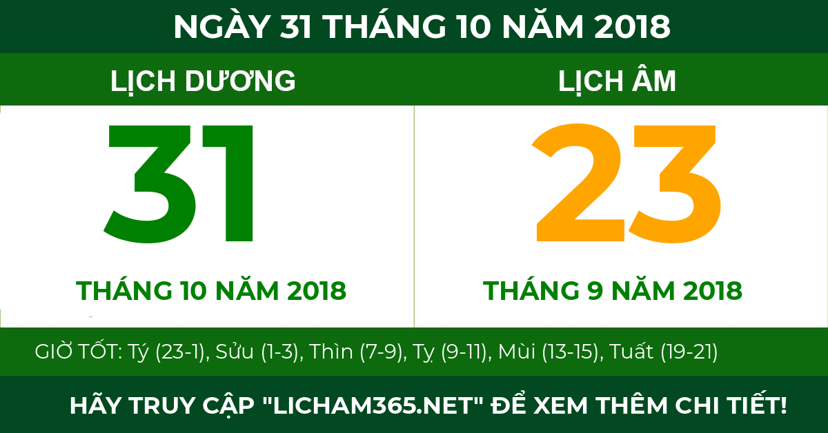 lịch âm ngày 31 tháng 10 năm 2018