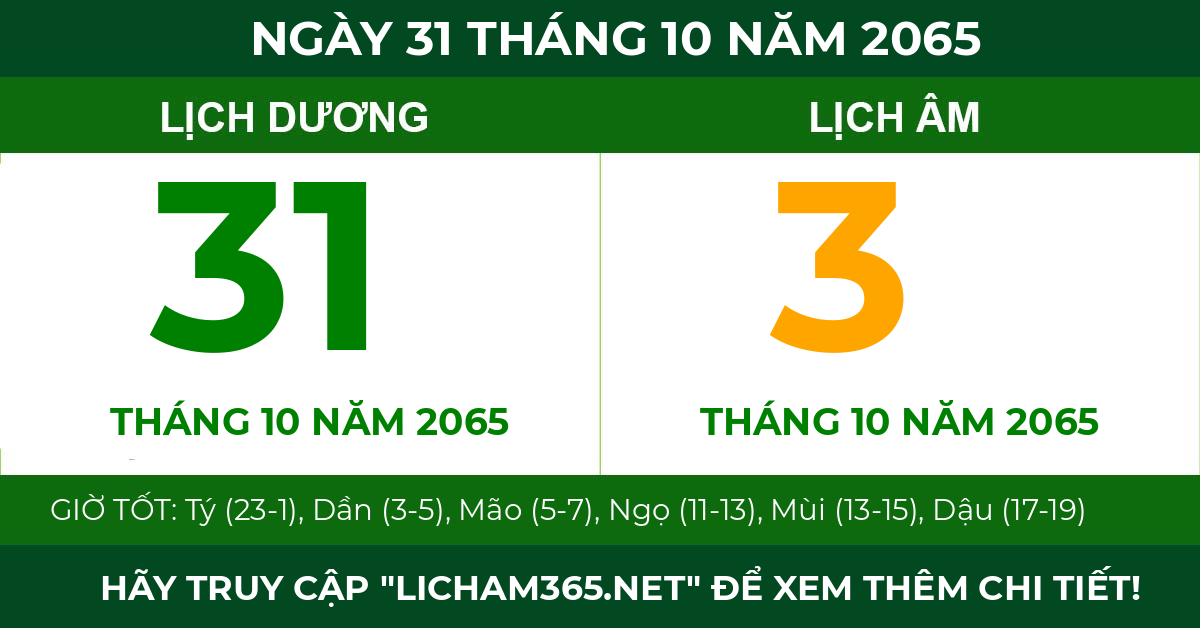 lịch âm ngày 31 tháng 10 năm 2065