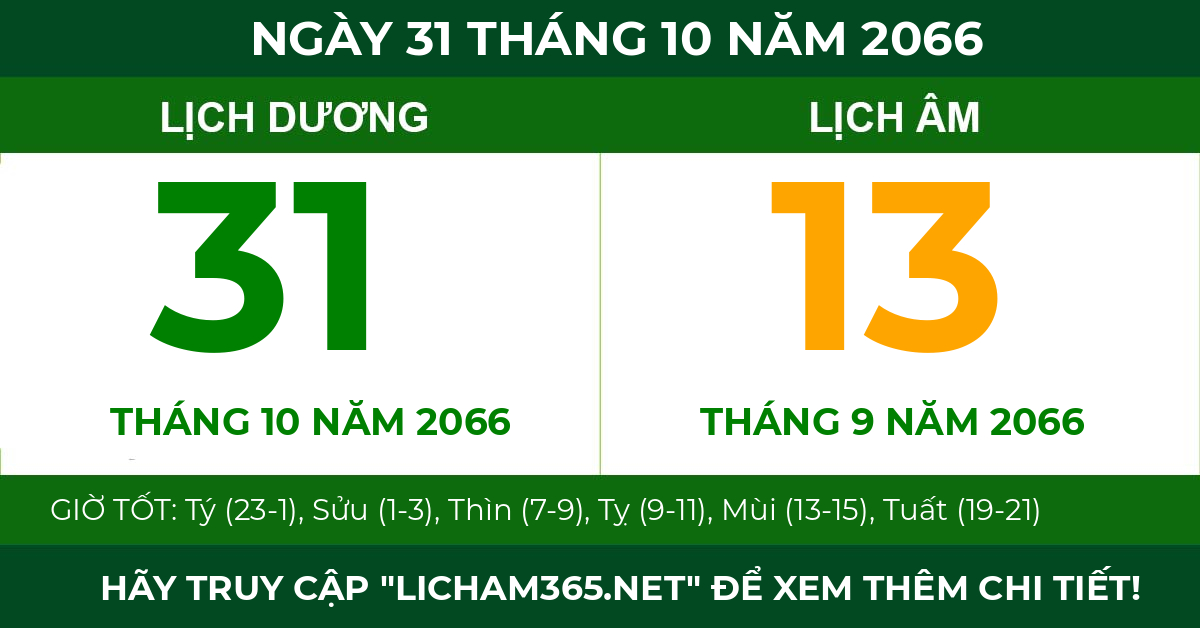 lịch âm ngày 31 tháng 10 năm 2066