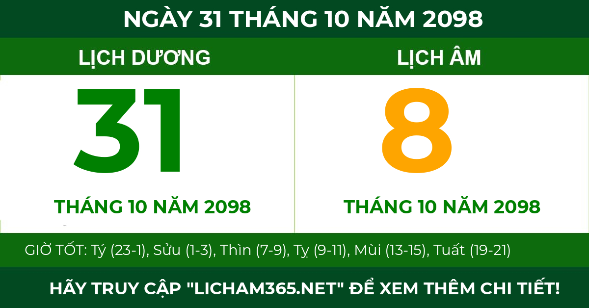lịch âm ngày 31 tháng 10 năm 2098