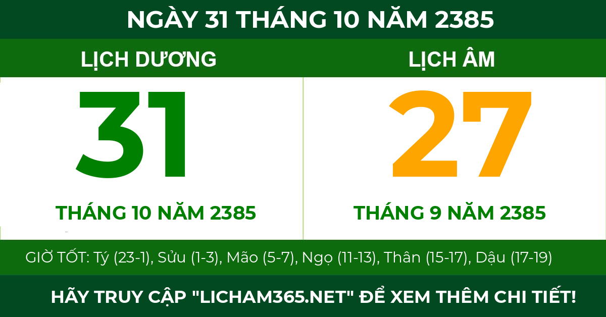 lịch âm ngày 31 tháng 10 năm 2385