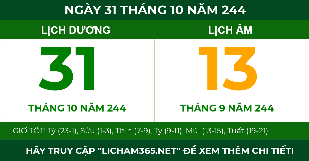 lịch âm ngày 31 tháng 10 năm 244