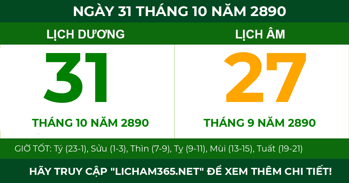 lịch âm ngày 31 tháng 10 năm 2890