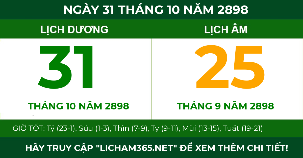 lịch âm ngày 31 tháng 10 năm 2898
