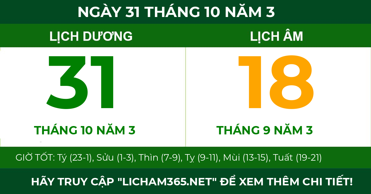 lịch âm ngày 31 tháng 10 năm 3