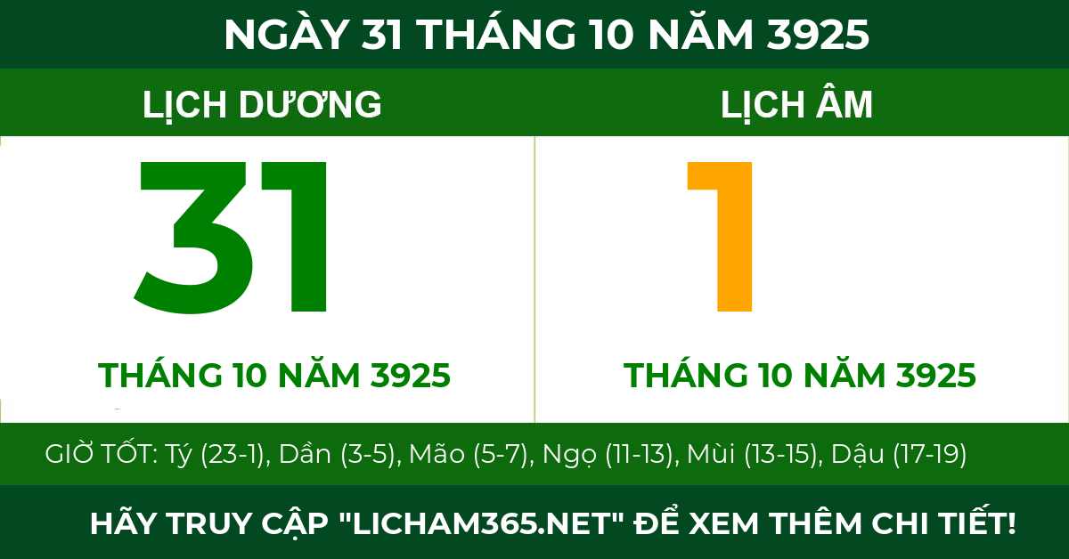 lịch âm ngày 31 tháng 10 năm 3925