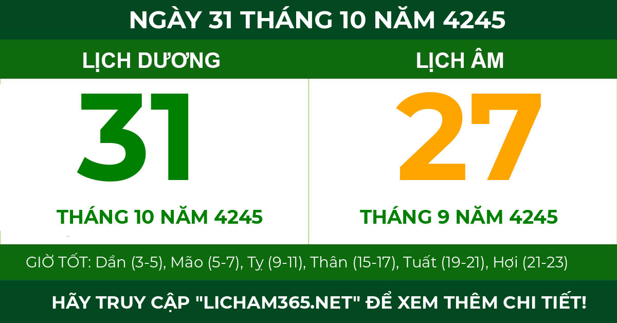lịch âm ngày 31 tháng 10 năm 4245