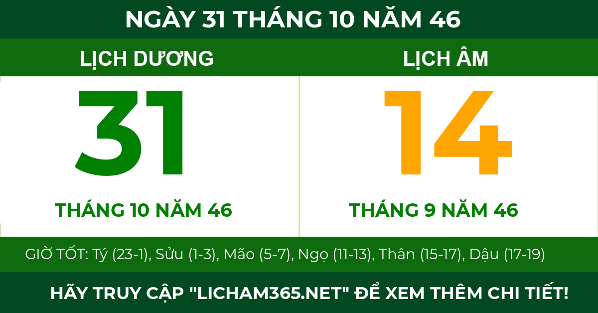 lịch âm ngày 31 tháng 10 năm 46