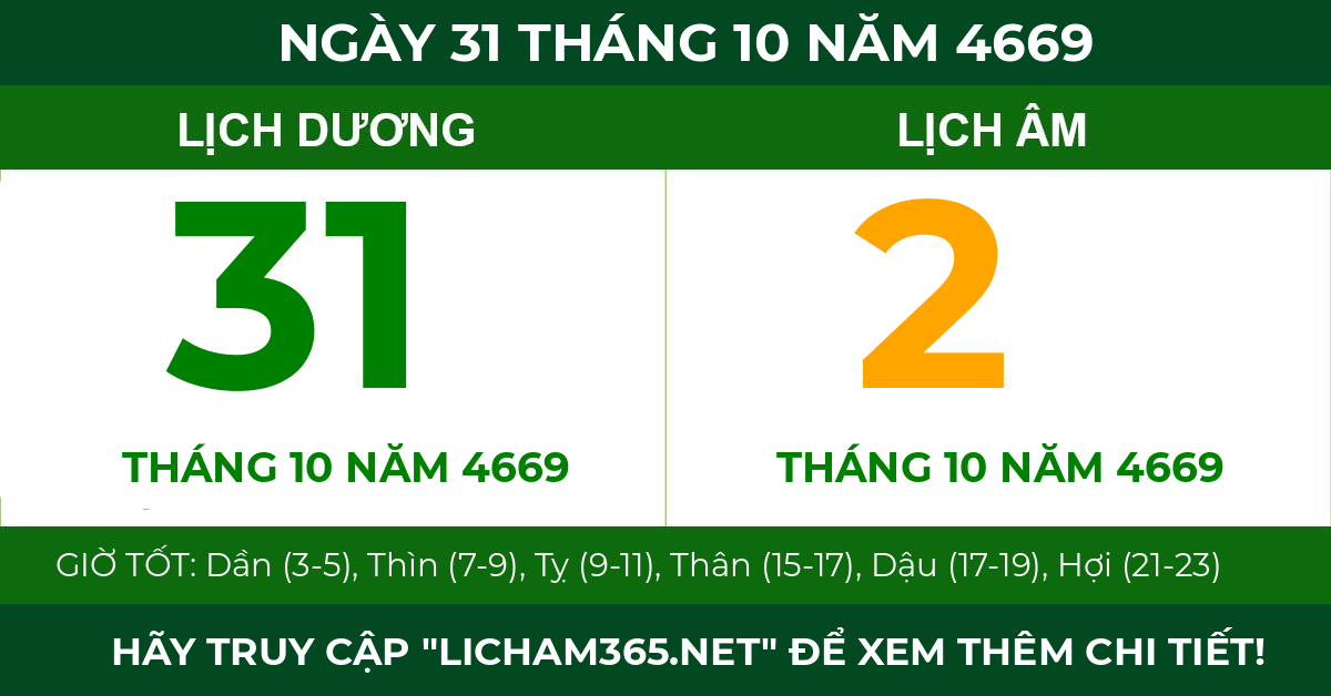lịch âm ngày 31 tháng 10 năm 4669