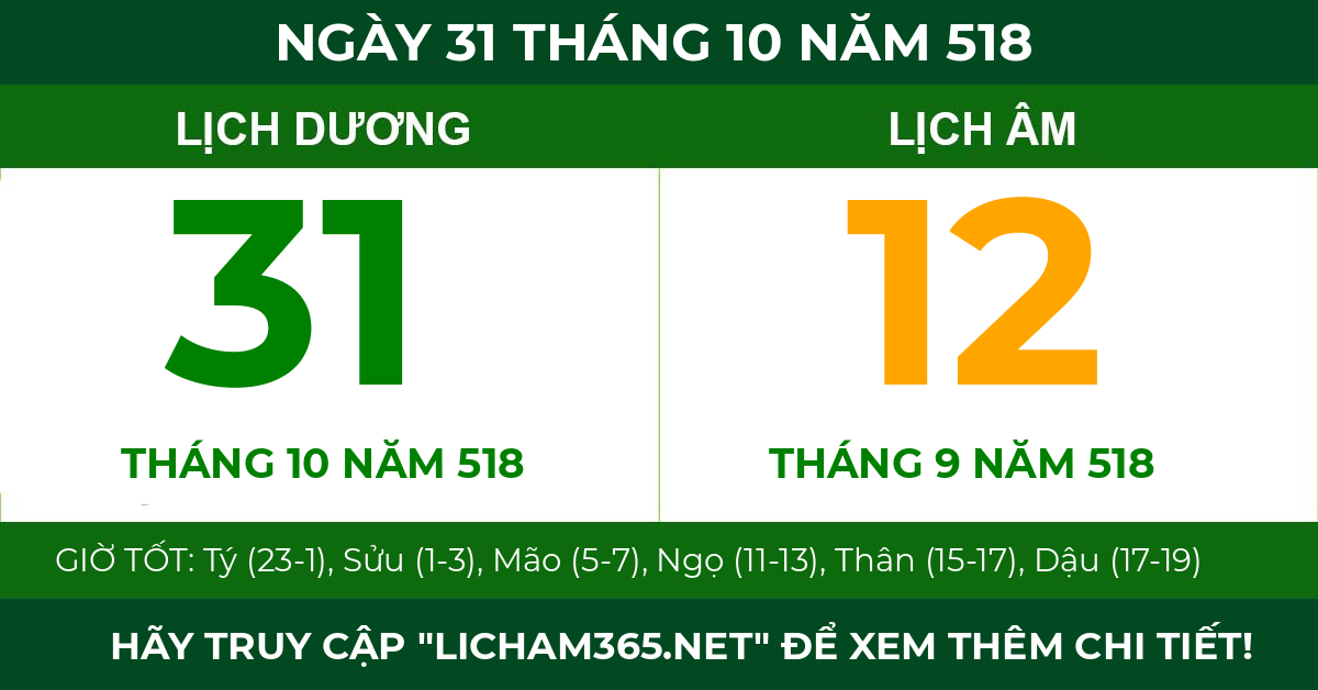 lịch âm ngày 31 tháng 10 năm 518