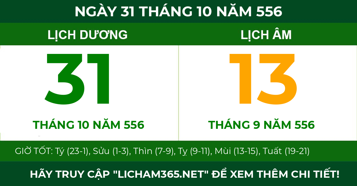 lịch âm ngày 31 tháng 10 năm 556