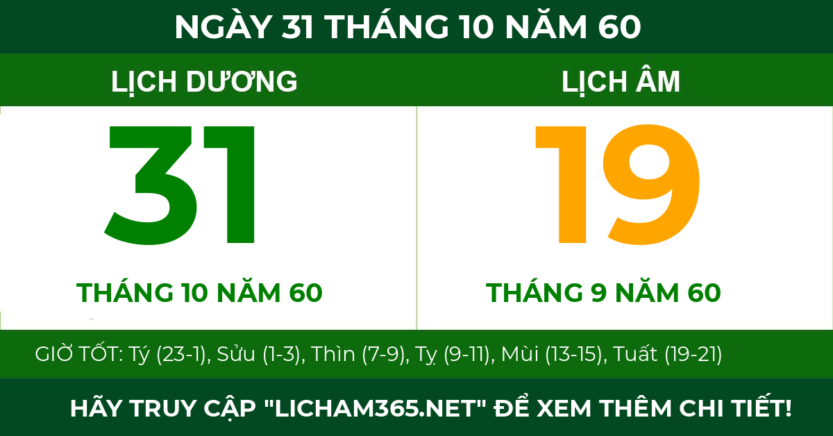 lịch âm ngày 31 tháng 10 năm 60