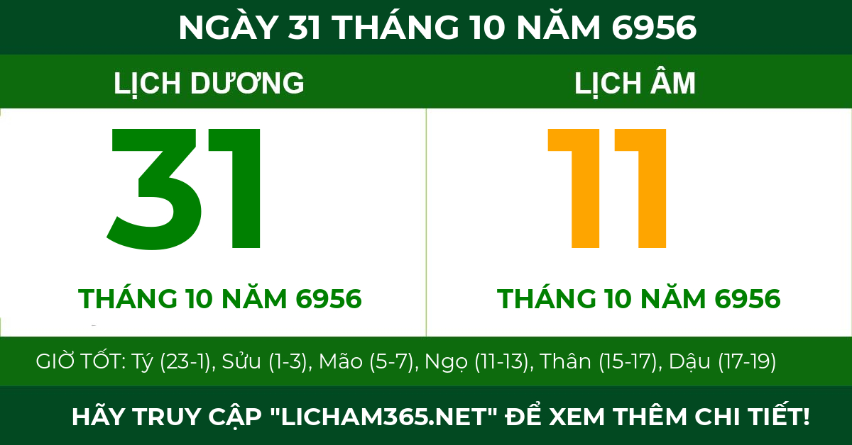 lịch âm ngày 31 tháng 10 năm 6956